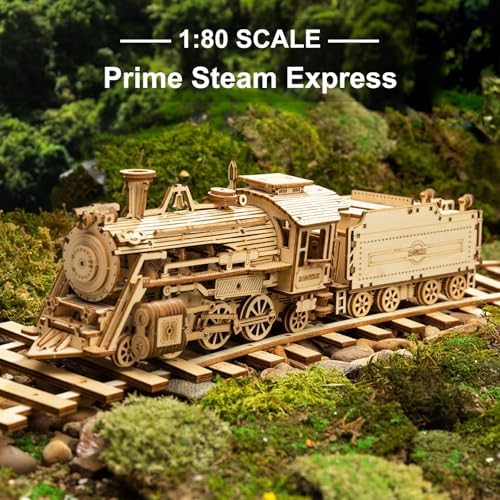 ROKR 3D Wooden Puzzle for Adults Mechanical Car Model-DIY Building Vehicle Kits-Brain Teaser Toys-Gift for Men Women on Birthday/Christmas Day (Steam Train Model with Carriage) - Image 2