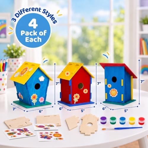 Neliblu DIY 12 Wooden Bird House Kits - Creative Arts and Crafts Set for Adults - Unfinished Wood Birdhouses with Paint Strips, Brushes, Stickers and Strings - 3 Unique Shapes, 2 Sizes - Image 3