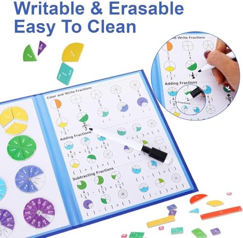 Magnetic Fraction Playbook & Fraction Manipulatives Set, Montessori Magnetic Fraction Book for Kids Grades K-3, Math Manipulatives with Fraction Tiles and Circles, Educational Fraction Games & Puzzle - Image 6
