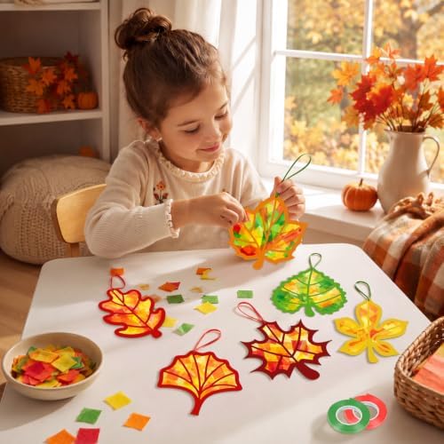 Renbuzhu 48PCS Fall Crafts Bulk: Leaves Pumpkins Paper Suncatchers DIY Kit for Autumn Thanksgiving Activities Decorations, Window Stained Glass Effect Art Supplies(Colorful Style) - Image 7