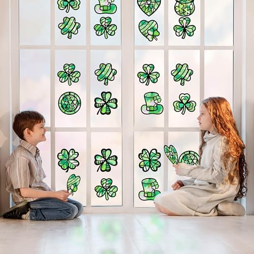 Renbuzhu 40PCS St. Patricks Day Crafts Bulk: Paper Shamrock Suncatchers, Saint Patrick's DIY Kits, Window Stained Glass Effect Art Supplies - Image 3