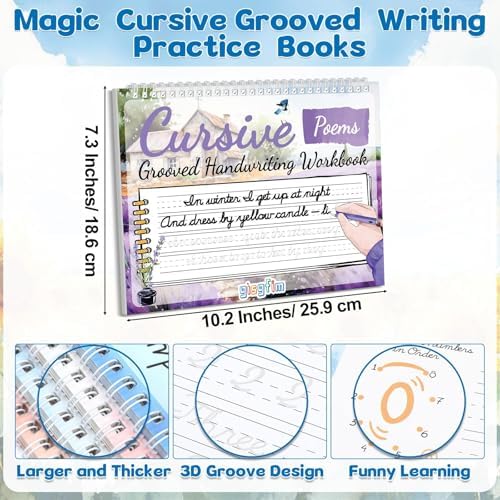 gisgfim 4 Pack Grooved Cursive Handwriting Workbook Kit Magic Reusable Grooved Handwriting Practice with Disappearing Ink Pens Cursive Workbook for Kids Number Poems Jokes & Riddles Inspiring Quotes - Image 2