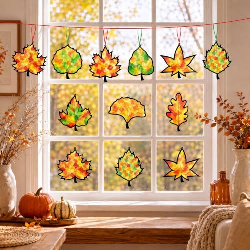 48PCS Fall Crafts Bulk: Leaves Paper Suncatchers DIY Kit for Autumn Thanksgiving Activities Decorations, Window Stained Glass Effect Art Supplies(Black,Style 2) - Image 7