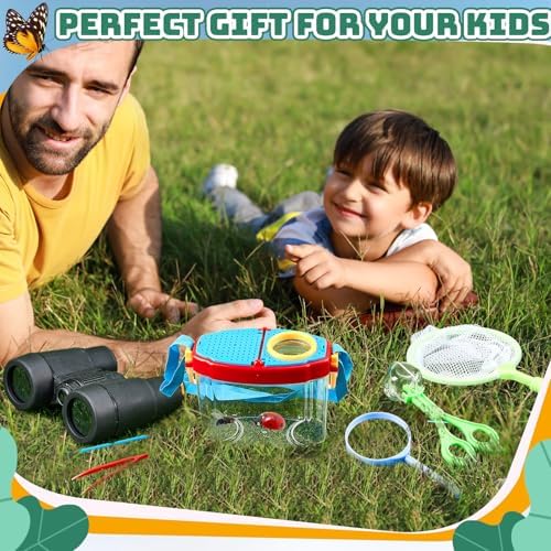 VioraWhite 6 Sets Bug Catcher Kit for Kids Outdoor Explorer Kit Summer Bug Collection Kit with Kids Binoculars Butterfly Net Magnifying Glasses Tweezers Bug Observation Containers with Shoulder Strap - Image 5