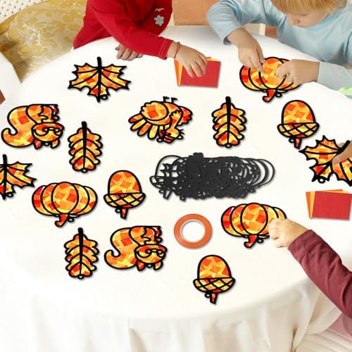 Qyeahkj 36 Set Fall Suncatchers Crafts for Kids DIY Autumn Leaf Pumpkin Acorn Squirrel Window Tissue Paper Craft Kit Hanging Decor for Home Activity Art Project Birthday Party Favor Gift - Image 7