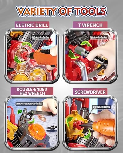 Jovow Engine Building Kit, Kids Mechanic Toys for Motorcycle Engine Toy, STEM Engine Model Kit Toy with Cool Light and Music, Educational Science Building for Boys Age 3+Year Old Mechanic Tools (Red) - Image 3