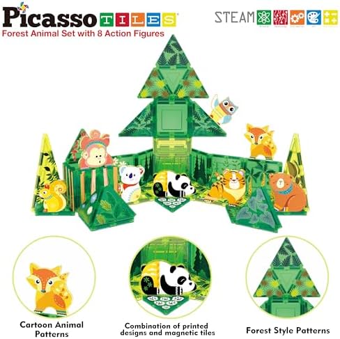 PicassoTiles Magnet Tile Building Blocks Forest Animal Theme Toy Set with 8 Character Action Figures Educational STEM Learning Construction Kit Pretend Play Magnetic Tiles Preschool Kids Ages 3+ PTQ16 - Image 3