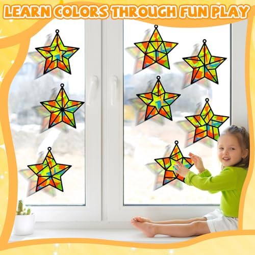 QOUBAI 32 Sets Stars Suncatchers Craft Back to School DIY Stained Glass Window Patriotic 4th of July Paper Craft Home School Classroom Decor Kid Birthday Gift Creative Art Activity Game - Image 5