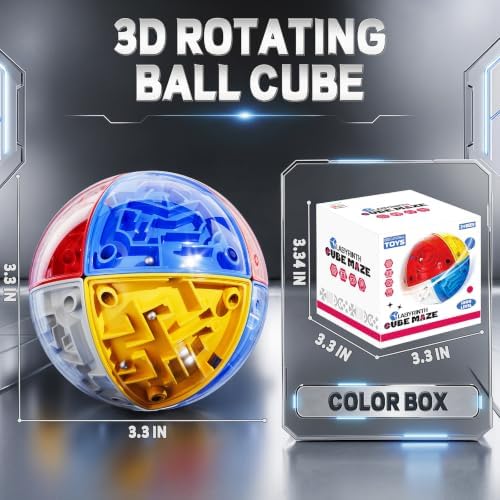 3D Maze Cube Ball Puzzle Brain Teaser for Adults & Kids, Educational Learning Toys Logical Thinking, Family Board Games Tabletop, Durable Puzzle Cube (White&Blue&Red&Yelllow-D, 3.3x3.3x3.3) - Image 2
