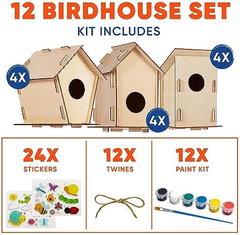 12 Bird House Kits for Kids to Build & Paint - Bulk Wood DIY Craft Sets - Image 2