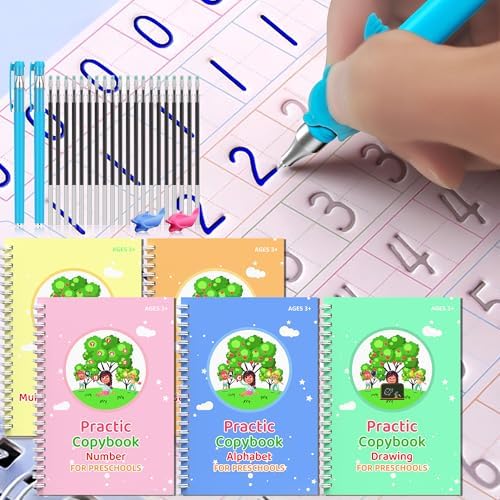 WANFRES Magic grooved Writing Practice Books Great for Beginners, 5 Books, 2 pens, 2 Pencil Grips, 20 Refills. grooved Handwriting Practice for Kids 3-10, Reusable grooved Handwriting workbooks. by WANFRES