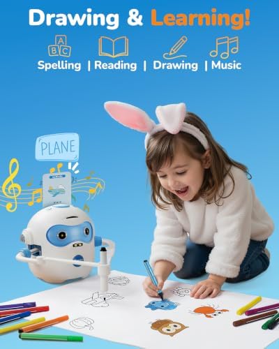 Drawing Robot for Kids, Rechargeable 4-in-1 Draw/Learn/Spell/Music Interactive Educational Robot Drawing Machine with 100 Cards & 12 Color Pens, Learning Toys for 3-8 Year Old Boys Girls Birthday Xmas - Image 2