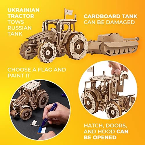 UGEARS The Tractor Wins Model Kits - Spring - Driven Model Tractor Kits to Build with Folding Paper Tank - 3D Wooden Tractor Model Kit for Self - Assembly - Mechanical 3D Puzzles for Adults and Kids - Image 3