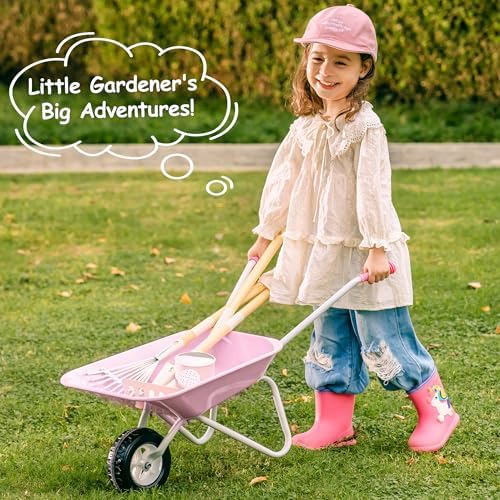 ROBUD Kids Wheelbarrow with Gardening Tools Set-9pcs Metal Toddler Wheelbarrow, Garden Tools, Watering Can, Plant Labels– Child Outdoor Toy for Ages 3+, Christmas Birthday Gifts for Boys Girls(Pink) - Image 6