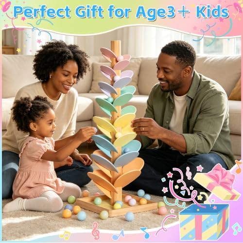 Gotoofun Wooden Marble Run Music Tree, Montessori Rainbow Singing Tree with 12 Extra-Large 3cm Balls, Color Sorting STEM Learning Toy, Wooden Ball Run Game Gift for Kids Ages 3+ - Image 6
