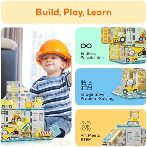 PicassoTiles Magnet Tiles Magnetic Building Blocks with 8 Construction Vehicles Crank Truck Excavator Bulldozer Road Roller Concrete Mixer Tractor Dump Truck Forklift Toys Learning Kids Ages 3+ PTQ11 - Image 4
