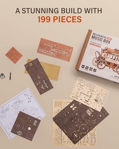ROBOTIME Stagecoach Wooden Music Box Puzzle AMKA1, Valentines Day Gift 3D Wooden Puzzles for Adults, Mechanical 3D Model to Build, Birthday Anniversary Day Gift Hobby STEM Kits - Image 2