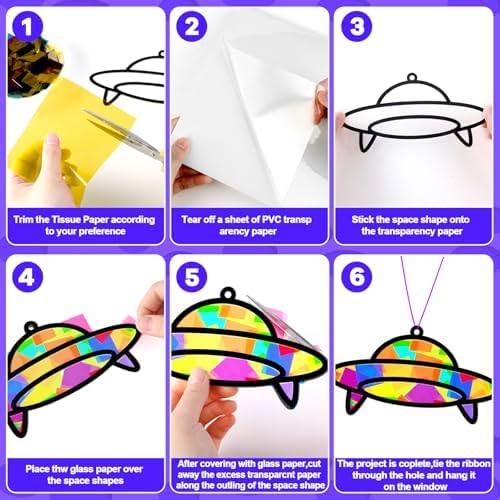 32 Sets Outer Space Suncatchers Craft Kit DIY Window Stained Glass Effect Planet Astronaut Alien Paper Crafts Home School Classroom Decoration Kid Birthday Gift Creative Art Project Activity Game - Image 3