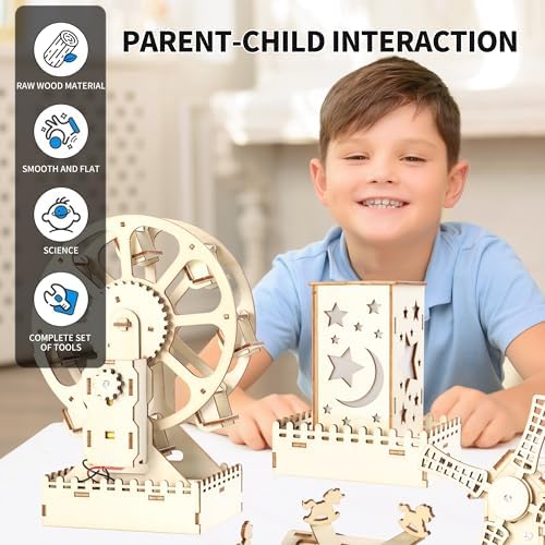 5-in-1 STEM Kits for Kids Ages 8-13, Wooden Building Toys with Motorized Ferris Wheel & Night Light, DIY Science Engineering Projects, Educational Gifts for Boys and Girls - Image 5