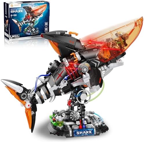 Punk Style Shark Building Set with Light, 1076-PCS Articulated Mechanical Jaws Fish Model with Display Stand, Ocean Predator Kit for Kids 8+ and Adults, Birthday for Marine & Mech Fans by BUILDIFY