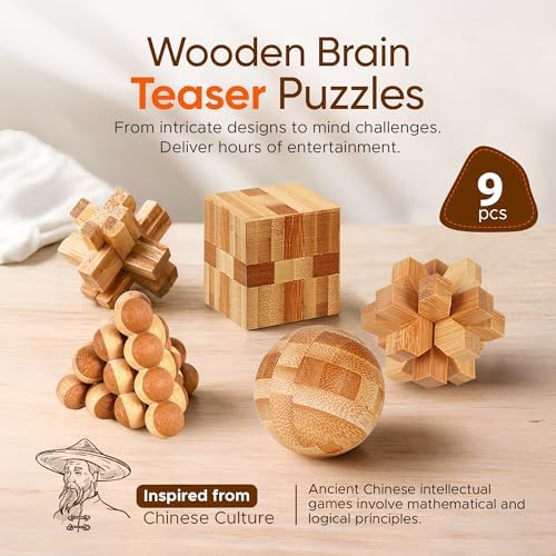 Wooden Brain Teaser Puzzles, 9pcs 3D Brain Teasers for All Ages - Image 2