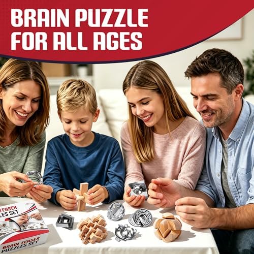 9pcs Metal & Wooden Brain Teaser Puzzles Set, 3D Brain Teasers Steel Puzzles for Adults Teens Kids, Educational IQ Unlock Interlock Puzzle Gift Set - Image 5