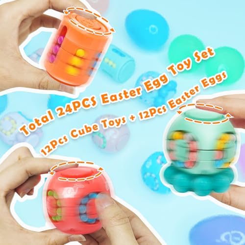12 Pack 3.4" Jumbo Filled Easter Eggs with Toys Magic Bean Cubes, Fidget Puzzle Toy Brain Teaser Easter Basket Stuffer Egg Fillers, Stress Relief Party Favors Gifts Kid Toddler Teen Classroom Prizes - Image 4