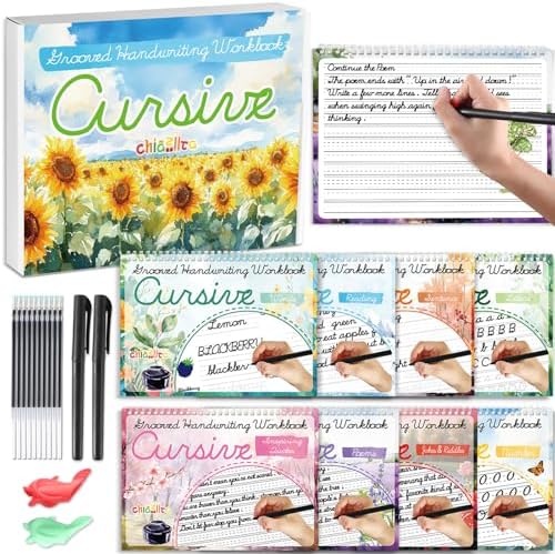 chiazllta 8 Pack Grooved Cursive Handwriting Workbook with Disappearing Ink Pens Magic Grooved Cursive Reusable Handwriting Practice Books Copybooks for Kids Beginners Learning Activities Supplies by chiazllta