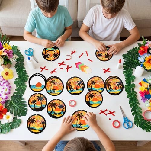 Renbuzhu 48PCS Summer Crafts: Paper Tropical Palm Tree Suncatchers DIY Kits, Window Stained Glass Effect Art Supplies for Hawaiian Luau Tiki Beach Party Favors - Image 2