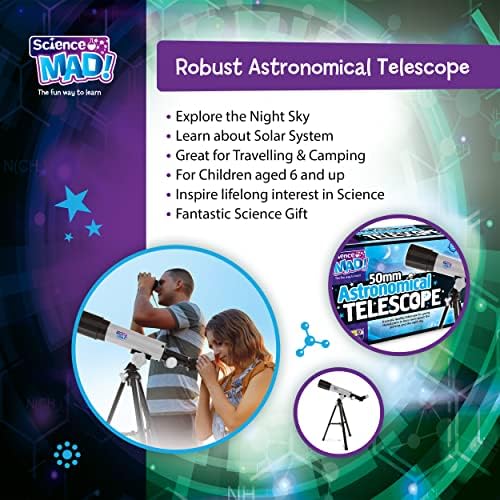 Science Mad 50mm Astronomical Telescope for Kids - Learn Astronomy and the Universe with Fun - Features Portable, 50mm Lens, Tripod and Mount, 18x and 90x Magnification, 6+ Years - Image 2