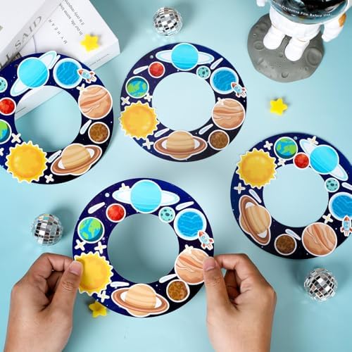 Lonfliness 24 Sets Space Wreath Craft Kits DIY Hanging Decor Solar System Paper Wreath Craft Ornament with Planet Stickers Outer Space Party Supplies for Home School Classroom Activities - Image 4