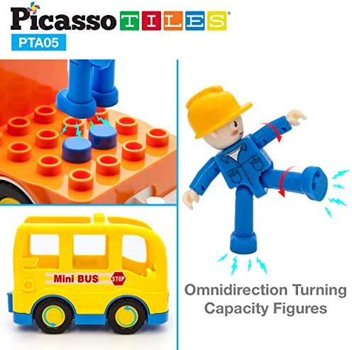 PicassoTiles Magnetic Figures 5 Piece Vehicle and Action Figure Set Including School Bus, Car, Truck and 2 Drivers Magnet Expansion Pack Toddler Toy Kit Pretend Playset for Construction Building Block - Image 6