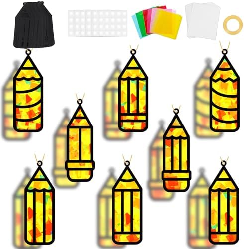 32 Sets Back to School Pencil Suncatchers Craft Kit DIY Window Stained Glass Effect Pencils Paper Crafts for Home School Classroom Decoration Kid Birthday Gifts Creative Art Projects Activity Game by QOUBAI