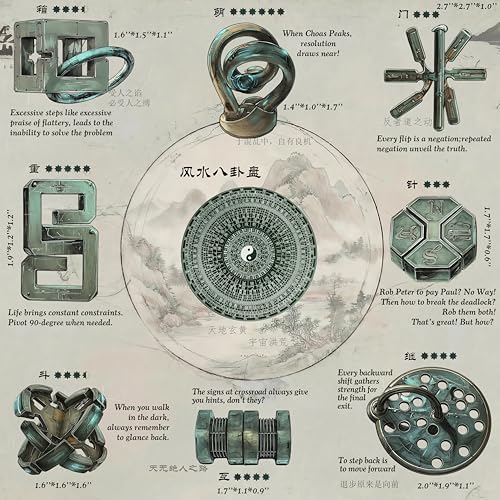 Bagua Metal Puzzles Set with Feng Shui Compass, 8+1 Alloy Brain Teasers, Traditional Chinese Intellectual Puzzle Toys for Adults, Stress Relief Fidget Desk Toy & Gift for Puzzle Lovers - Image 2