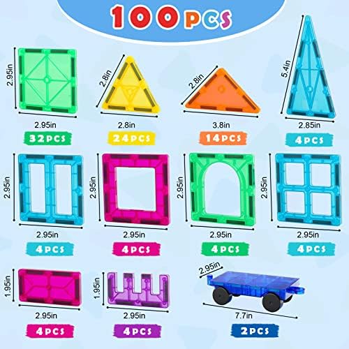 Gemmicc 100 PCS Magnetic Tiles with 2 Cars, Magnet Stacking Blocks Kids - Image 6