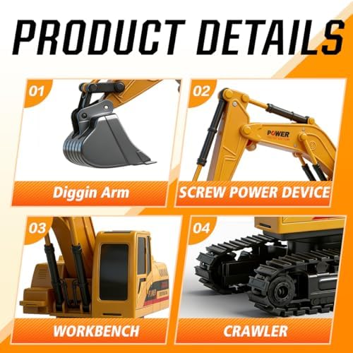 RC Excavator Toy, 6-Channel Remote Control Excavator with Metal Shovel & Lights, 360° Rotation Mini Excavator, RC Construction Vehicles Digger Toy for Boys 3-8 - Image 4