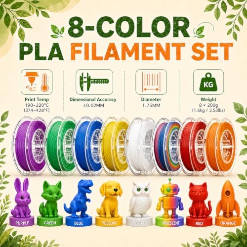AOSEED PLA Filament Set 1.75mm (±0.02mm), 8-Pack, 200 g (0.44 lb) per Spool - Image 2