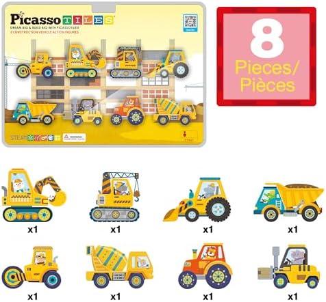 PicassoTiles Magnetic Tile Building Blocks Add On 8 Magnetized Action Figures Construction Vehicles & Zoo Animal Theme Compatible with Magnet Tiles Sets STEM Learning Toy for Boys & Girls Age 3+ PTA21 - Image 3