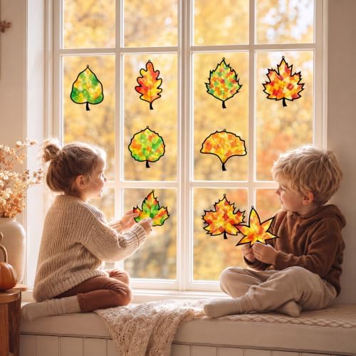 48PCS Fall Crafts Bulk: Leaves Paper Suncatchers DIY Kit for Autumn Thanksgiving Activities Decorations, Window Stained Glass Effect Art Supplies(Black,Style 2) - Image 5