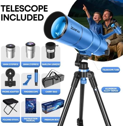 Dianfan Telescope for Kids & Adults, 90mm Aperture 550mm Astronomical Professional Telescope for Adults High Powered, Portable Travel Telescopes for Beginners with Tripod & Adapter, Bag, Folding Stool - Image 5