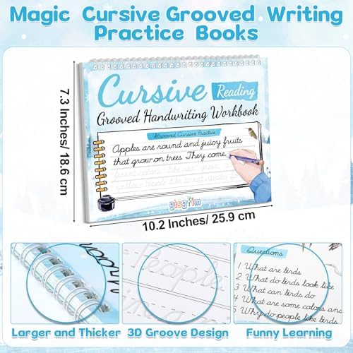 gisgfim Grooved Cursive Handwriting Workbook Magic Reusable Grooved Cursive Handwriting Practice Guided Tracing with Disappearing Ink Pens for Beginners Kids Learning Activities Supplies (Reading) - Image 2