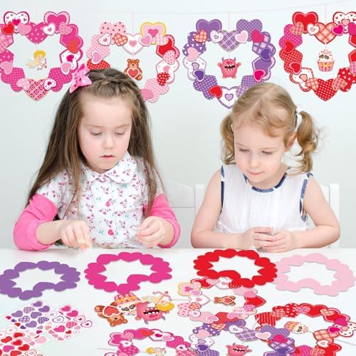 Lonfliness 24 Sets Valentines Wreath Craft for Kids DlY Hanging Decor Valentine's Day Heart Paper Wreath Craft Ornament with Heart Stickers Valentines Party Supplies for School Classroom Activities - Image 5