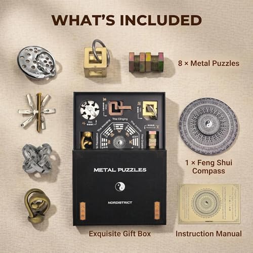 Bagua Metal Puzzles Set with Feng Shui Compass, 8+1 Alloy Brain Teasers, Traditional Chinese Intellectual Puzzle Toys for Adults, Stress Relief Fidget Desk Toy & Gift for Puzzle Lovers - Image 4