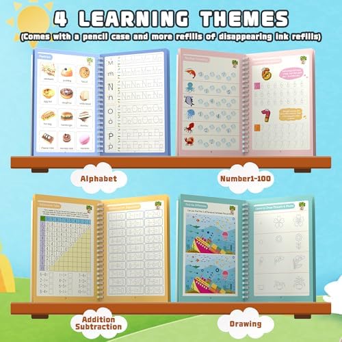 Grooved - 4 children's magic copybooks, Four-in-one pink pencil case set, magic grooved writing practice for kids, magic disappearing writing practice, grooved handwriting practice for kids. - Image 5