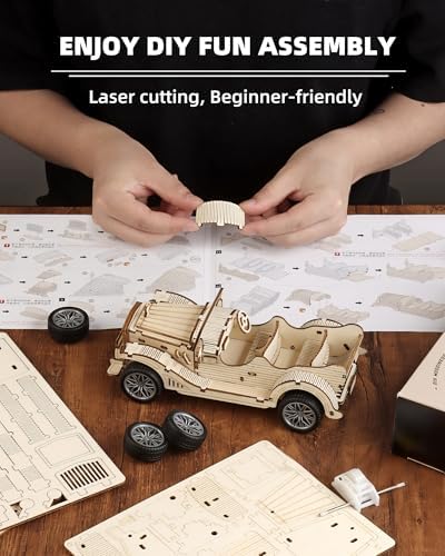 3D Wooden Puzzles for Adults, Pull Back Vintage Car Building Kits - Image 5