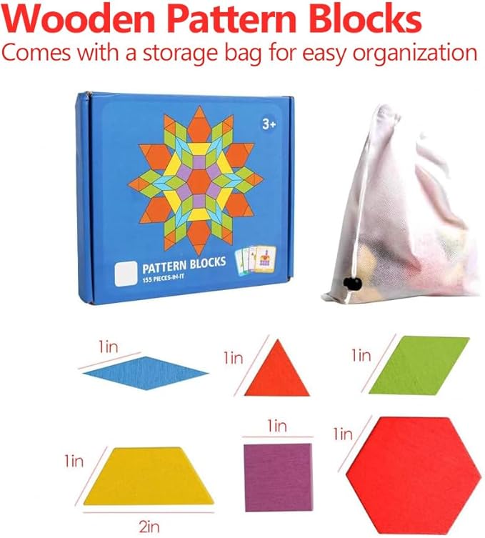 JCREN Wooden Pattern Blocks Montessori Toys Shape Puzzles Kindergarten Classic Educational Tangram Geometric Brain Teaser Toys Best STEM for Kids Ages 4-8 with 24 Pcs Cards