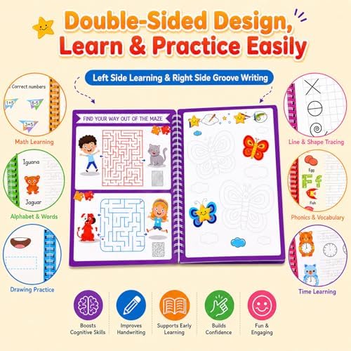 Magic Grooved Writing Practice Books for Kids 3-10, Large Reusable 3D Handwriting Workbooks with Disappearing Ink, Tracing Book Toy Gifts for Kindergarten Summer Workbook Preschool Learning Activities - Image 4