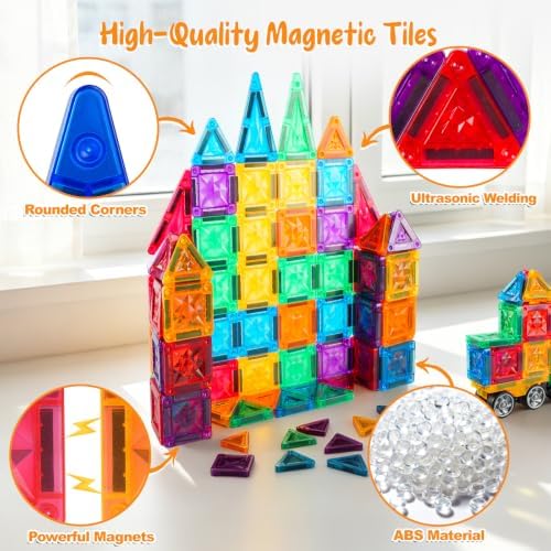 Bmag 100PCS Mini Magnetic Tiles Building Set with 2 Mini Cars - Image 4