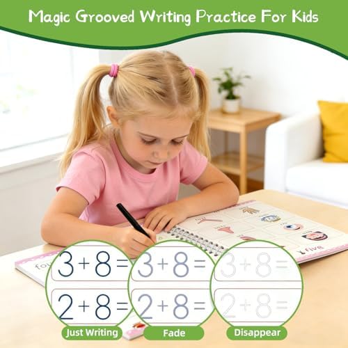 2-Stage Kids Groove Handwriting Workbook Ages 3-8, Reusable No-Groove Dotted Tracing Book, Preschool Alphabet Math Learning Activity Book, Educational Gift with Magic Disappearing Pens - Image 5