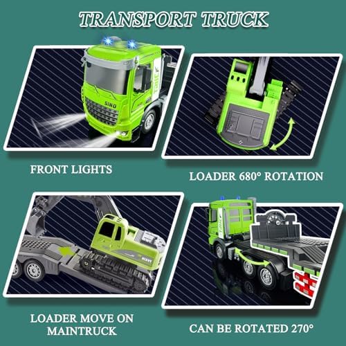 Fistone RC Semi-Trailer Truck & Excavator Toy Set, 1:12 Scale with Sound and Lights, 11CH 2.4Ghz Remote Control Flatbed Truck and Excavator Toys, Great Gift for Kids Boys - Image 3